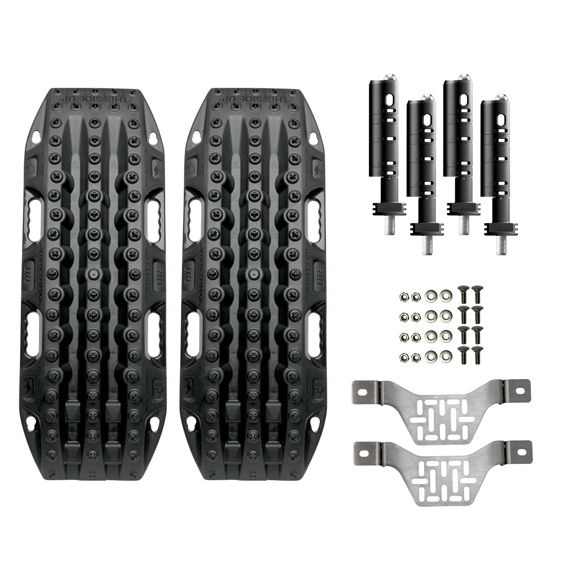 bundle showing maxtrax lite, mounting pins, mounting hardware and stealth brackets