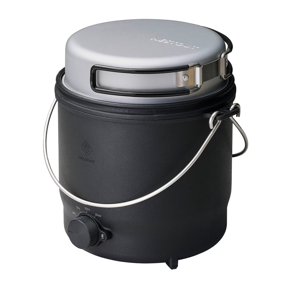 Isolated studio shot of the black NESTOUT cooker, closed with carry handle up