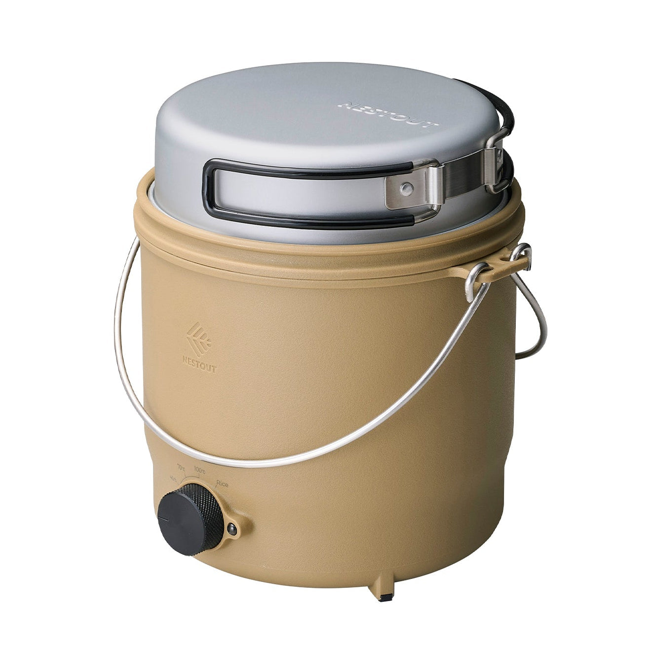 NESTOUT 500W Portable Outdoor Cooker in beige, closed with lid latched and carry handle up, studio shot
