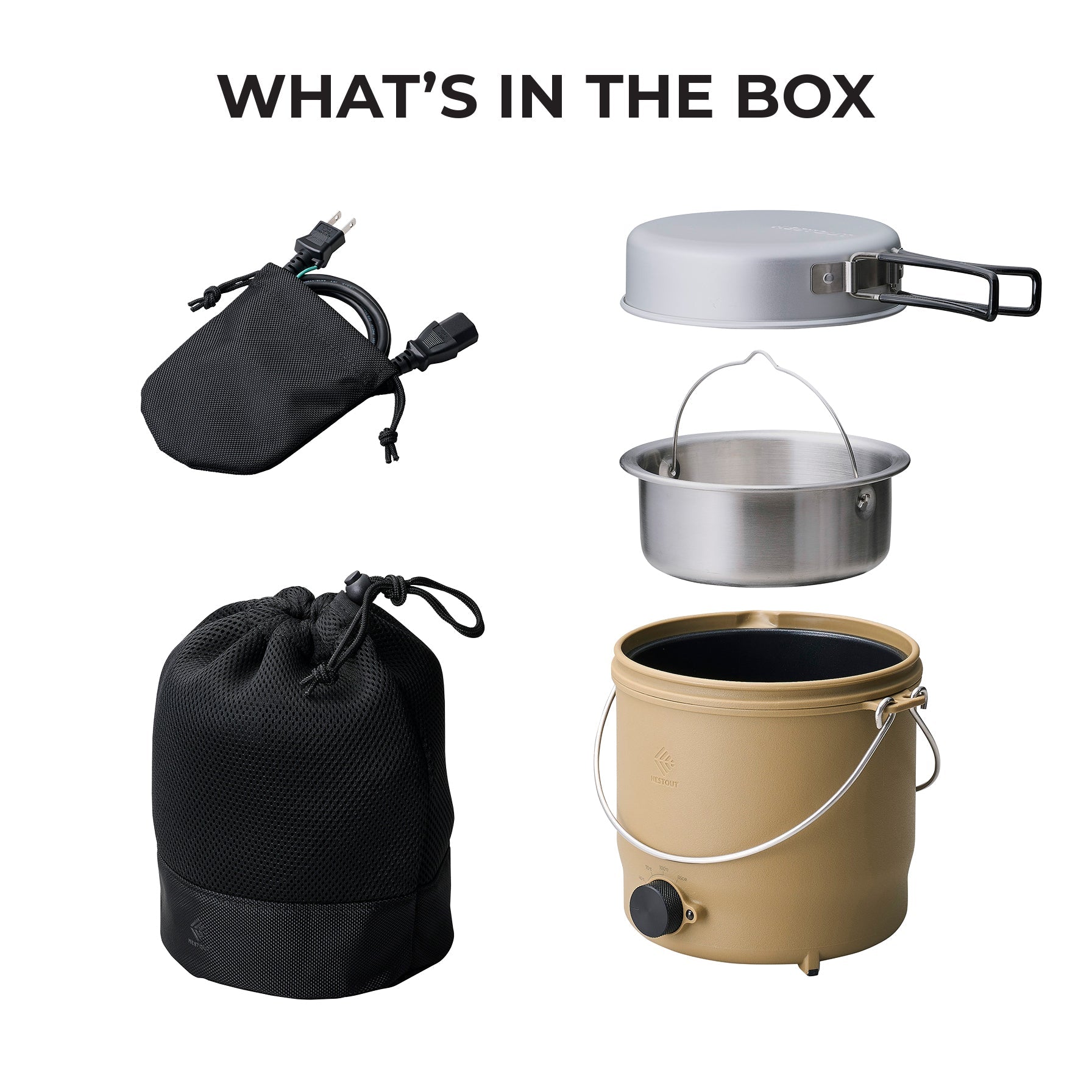What's in the box: NESTOUT cooker power cord pouch, lid, steel insert, and tan pot body laid out