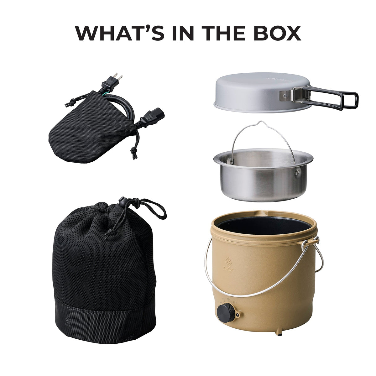 What's in the box: NESTOUT cooker power cord pouch, lid, steaming insert, and beige/silver pot body laid out