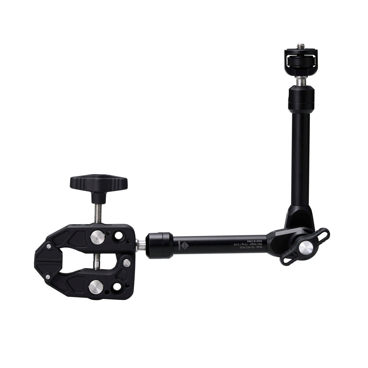 NESTOUT Clamp Arm in black, ball-jointed arm with clamp jaw on one end and 1/4"-20 mount on the other