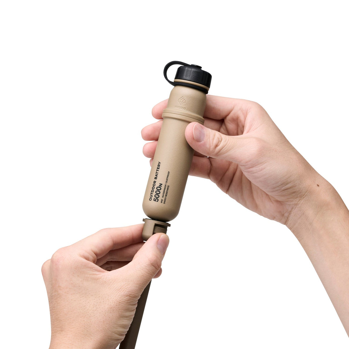 Threading a NESTOUT Outdoor Battery onto the Clamp Arm's mount, beige colorway