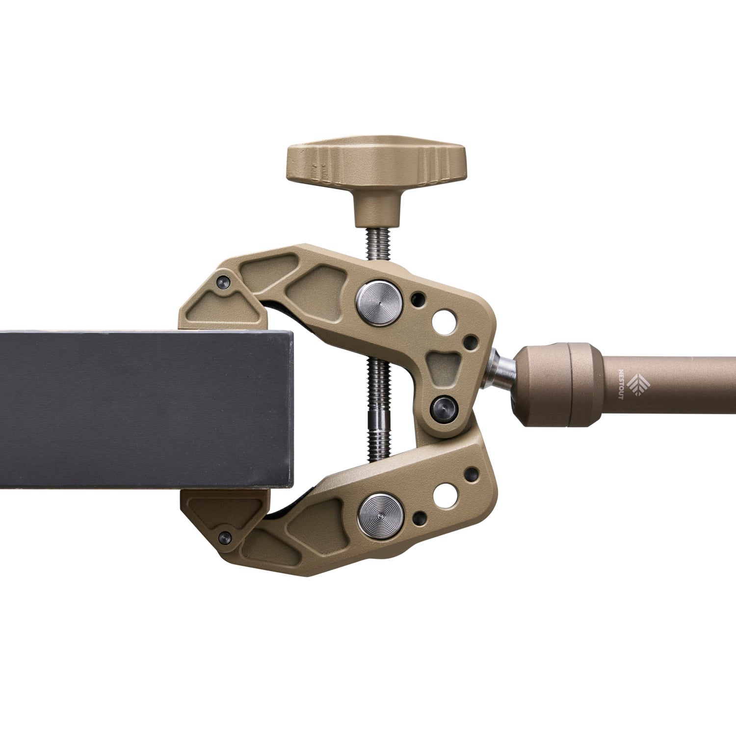 Close-up of the NESTOUT Clamp Arm's jaws gripping a board edge, beige colorway
