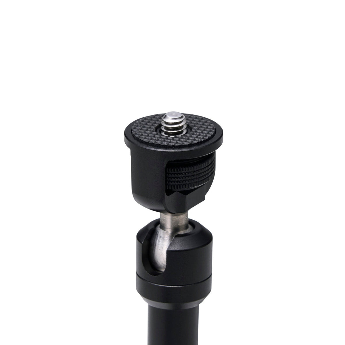 Close-up of the NESTOUT Clamp Arm's quick-release 1/4"-20 mount, black colorway