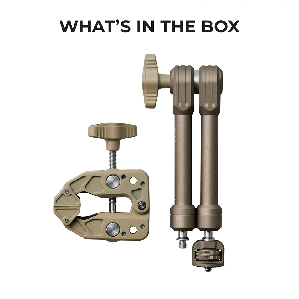What's in the box: NESTOUT Clamp Arm in beige, showing the clamp and ball-jointed arm separated