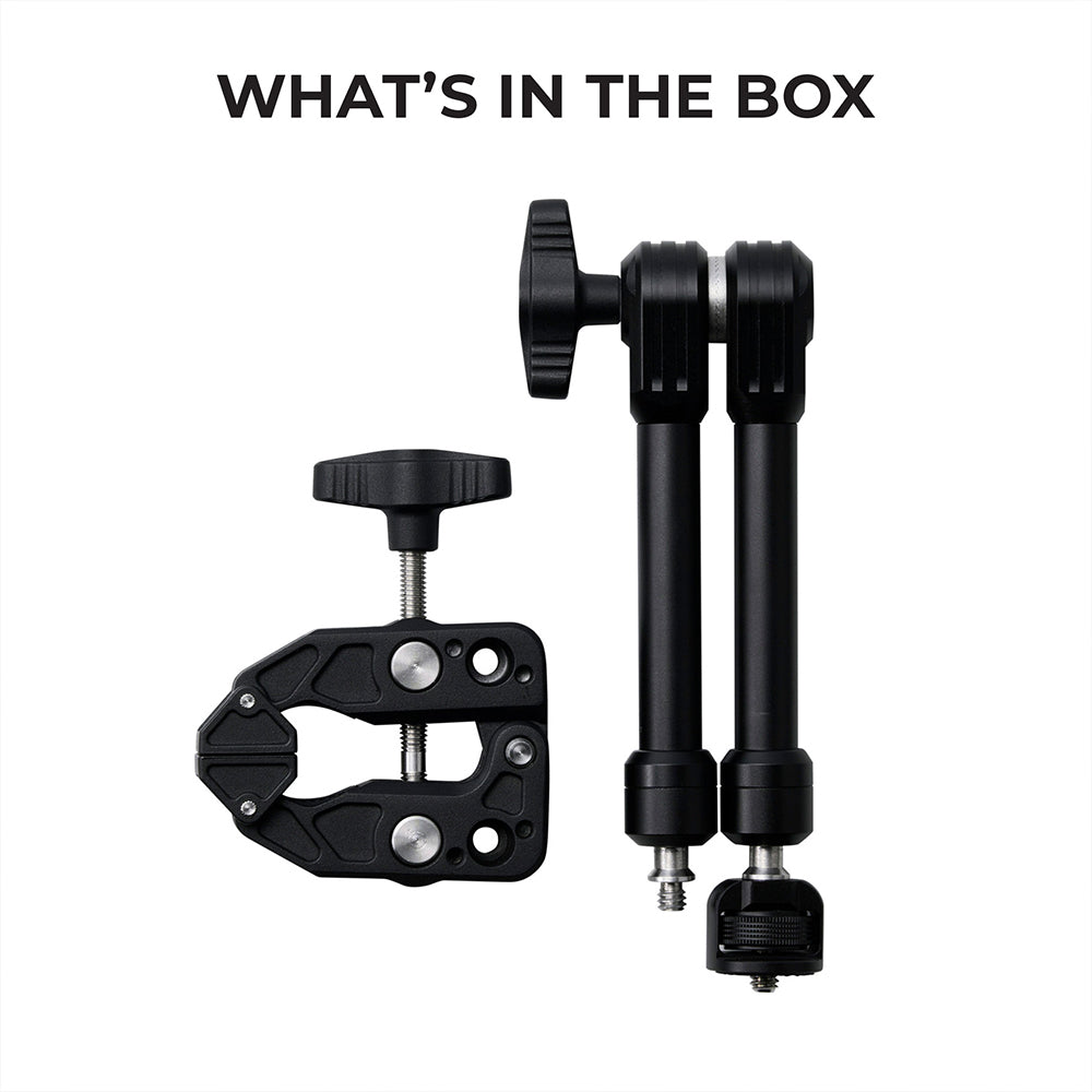 What's in the box: NESTOUT Clamp Arm in black, showing the clamp and ball-jointed arm separated