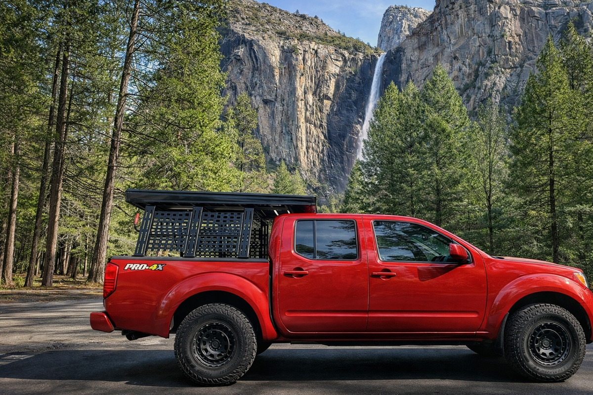 Red Frontier with low ROCK-IT rack below a waterfall cliff