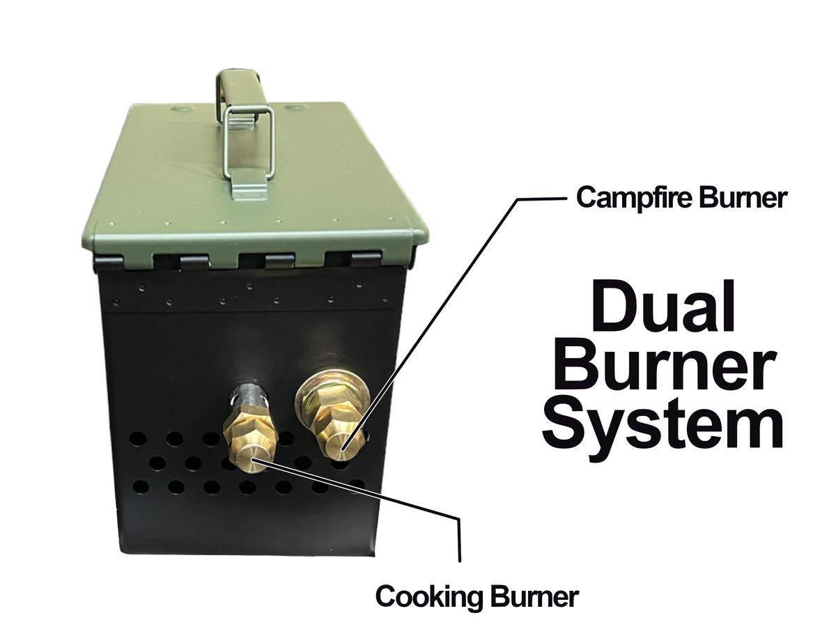 Olive green steel firebox with dual brass burner valves, labeled diagram showing the campfire burner and cooking burner