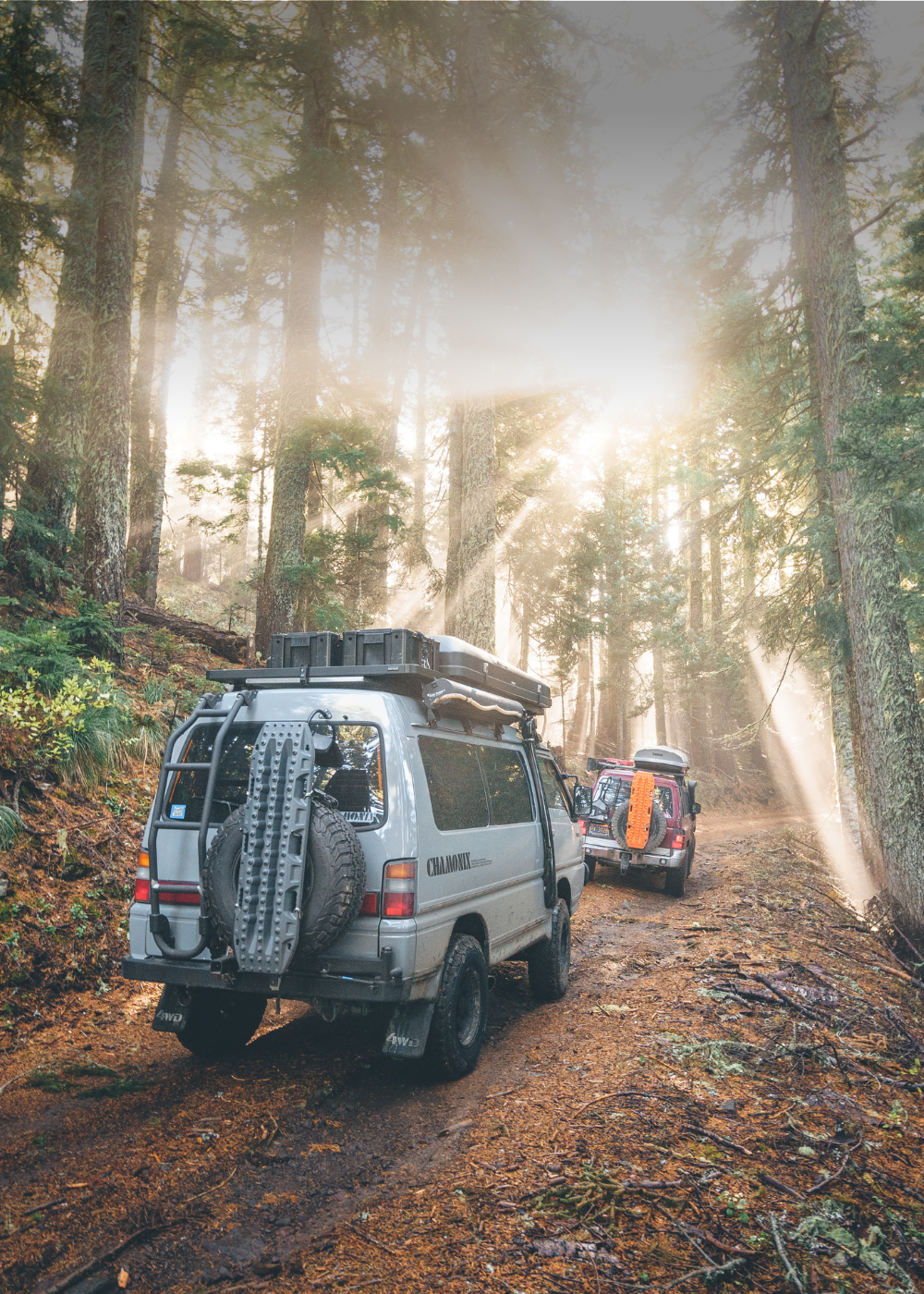 Overland Kitted Mitsubishi Delica and Montero In Mt Hood National Forest Oregon with Titanium Grey Maxtrax Mkii