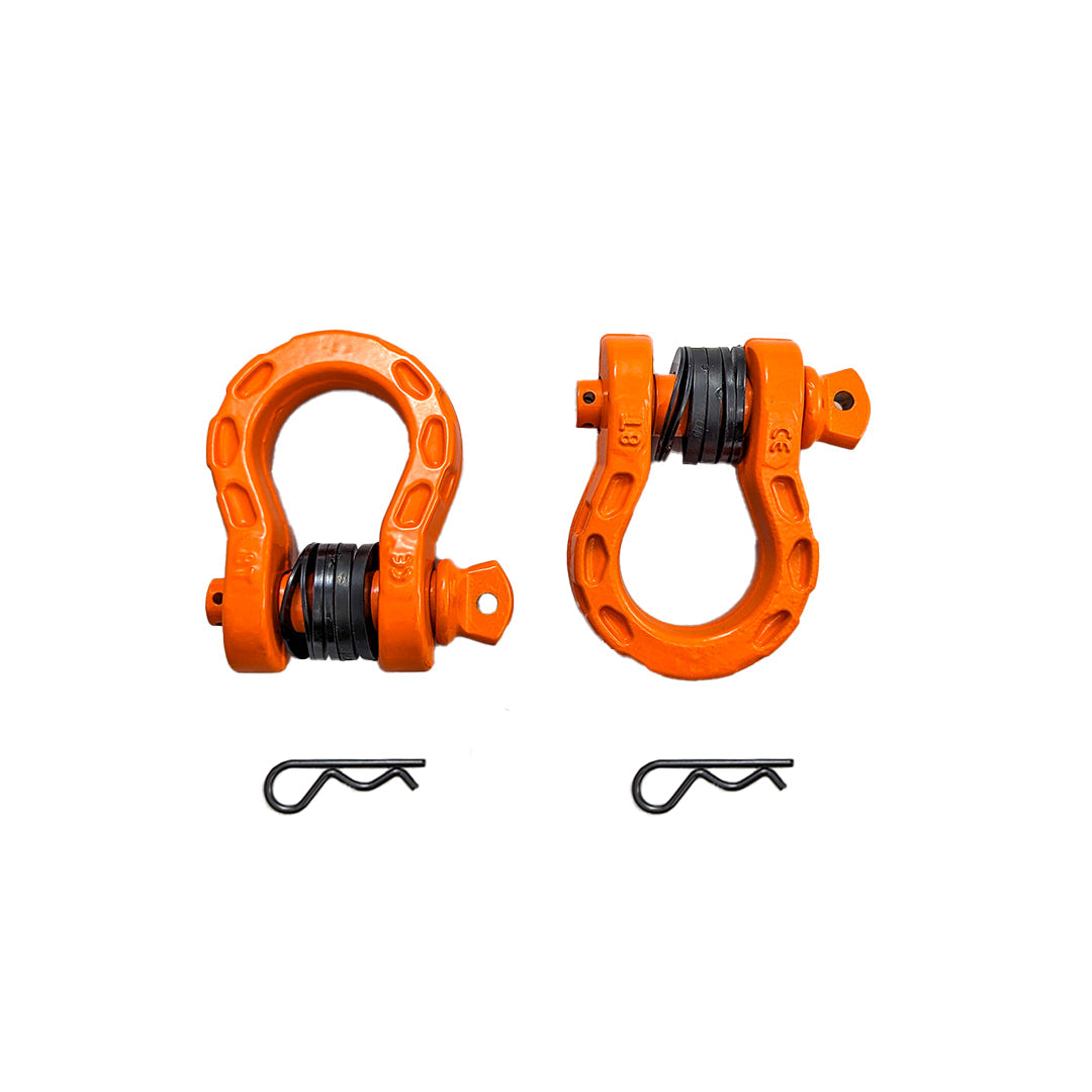 Pair of orange D-ring shackles with clips on a white background