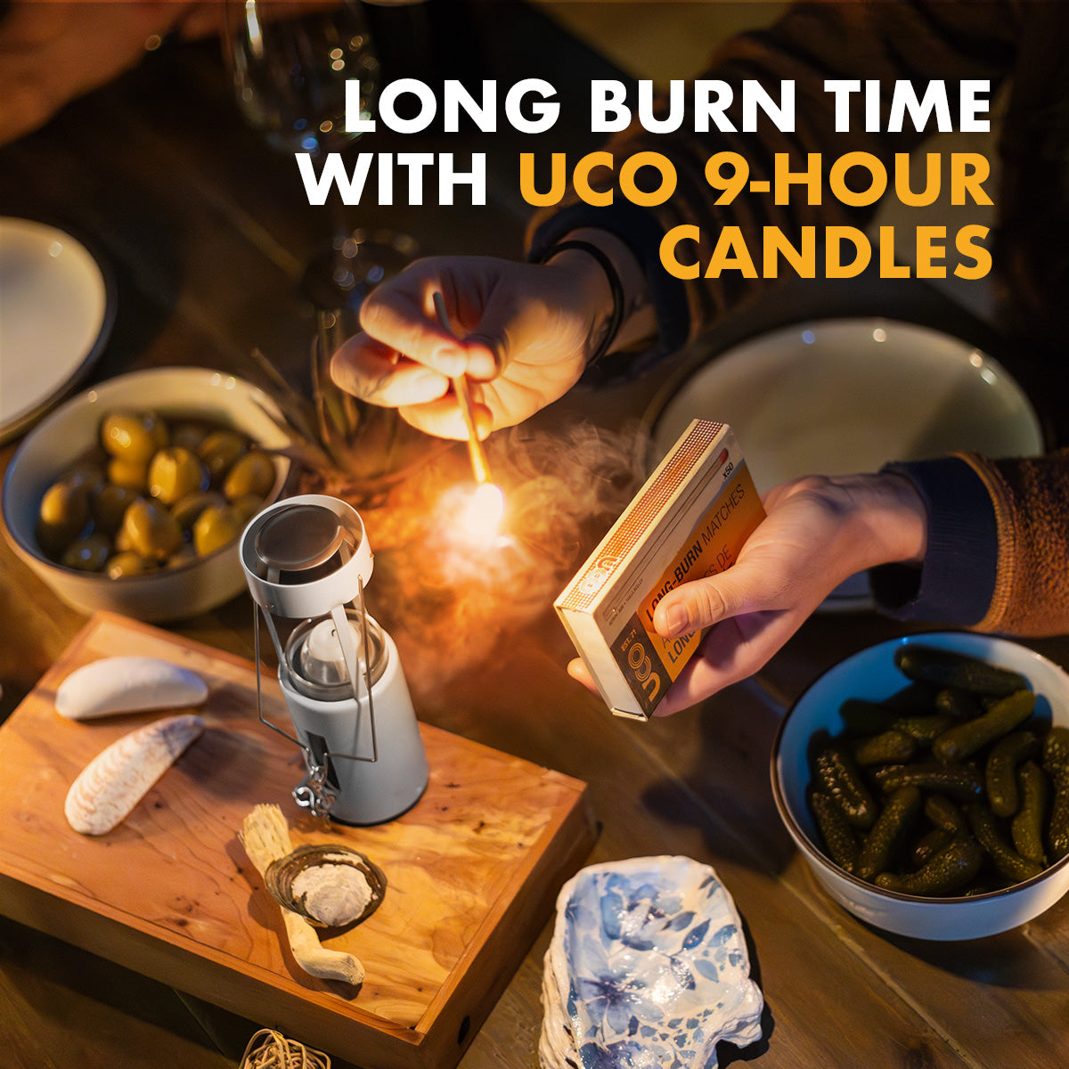 Infographic reading 'A candle, flame, and a clever way to contain them - no batteries required' with red and silver lanterns and feature icons