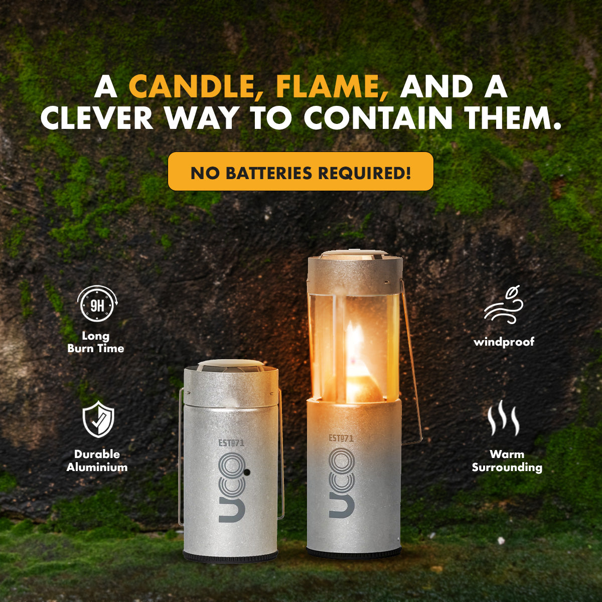 Infographic reading 'A candle, flame, and a clever way to contain them' with icons for long burn time, durability, and windproof design, showing red and silver Candlelier lanterns