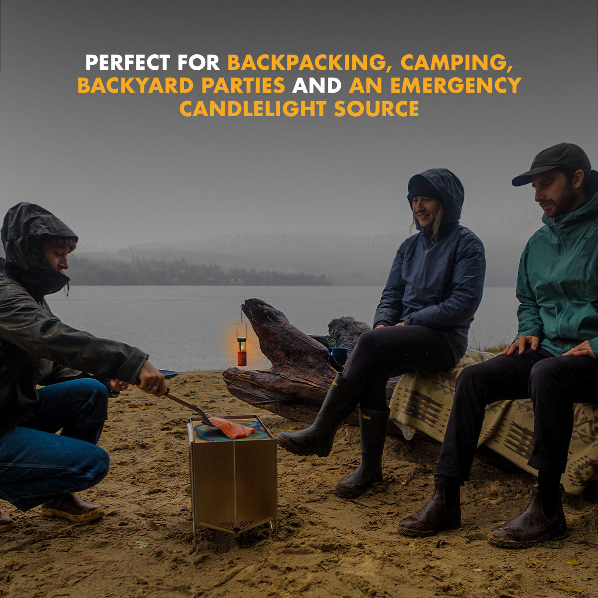 Split lifestyle image: campers relaxing with a lit lantern at a backyard gathering, text reads 'Perfect for backpacking, camping, backyard parties and an emergency candlelight source'
