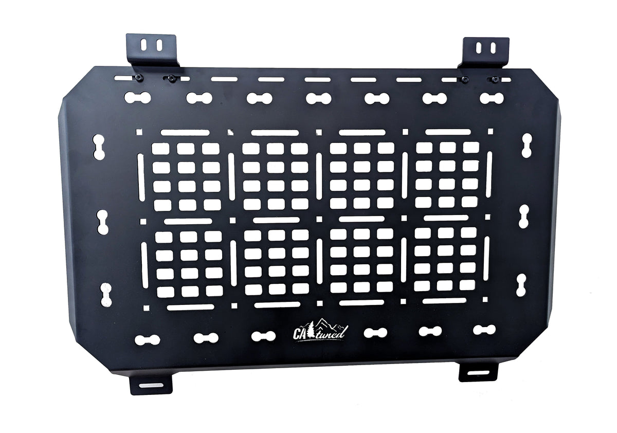 Black MOLLE panel with bracket tabs on a white background, front view