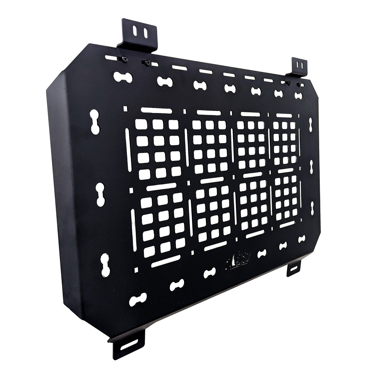 Black MOLLE panel angled to show its depth on a white background