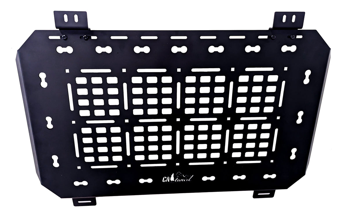 Black MOLLE panel with mounting tabs on a white background