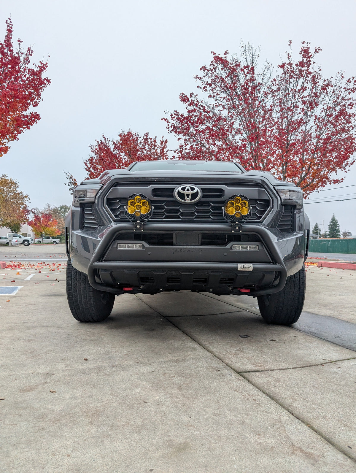 Front of a gray Toyota truck with a black brush bar and amber lights