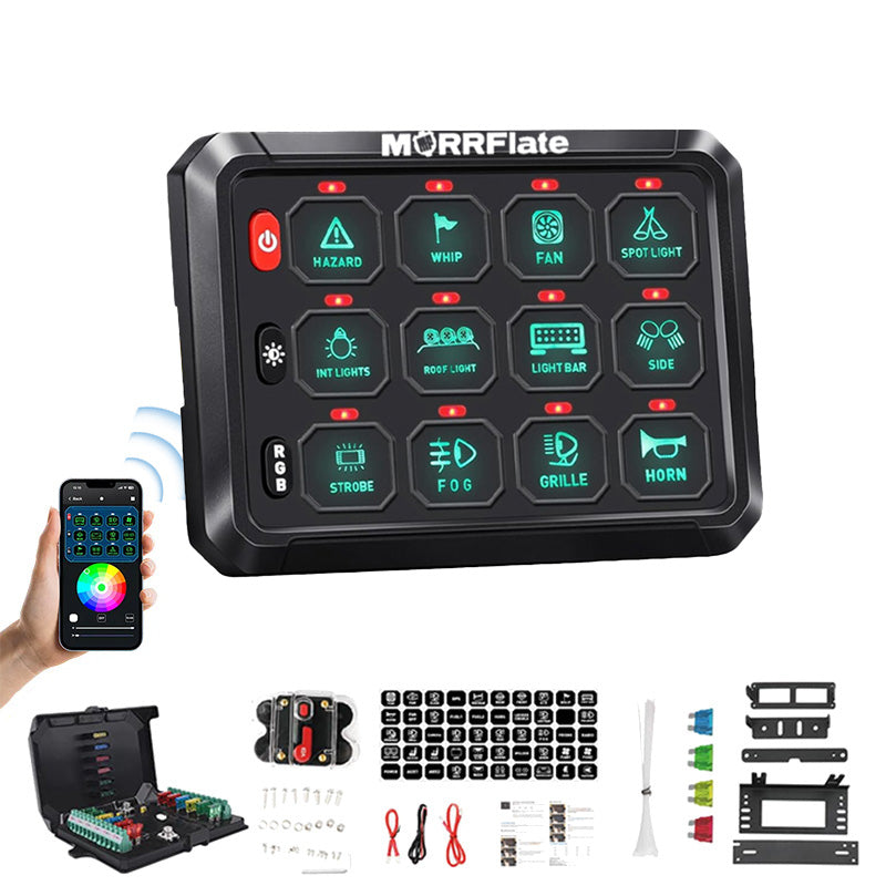 MORRFlate 12-gang switch panel with phone app, shown above a fuse and relay box, circuit breaker, wiring, label stickers, fuses, zip ties, and mounting brackets