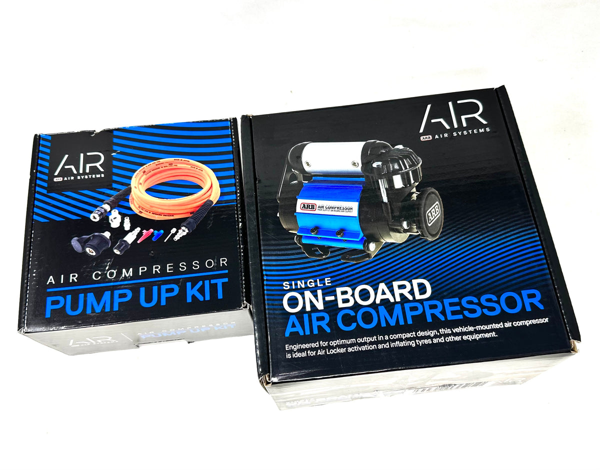 Retail boxes for an air pump-up kit and an on-board air compressor