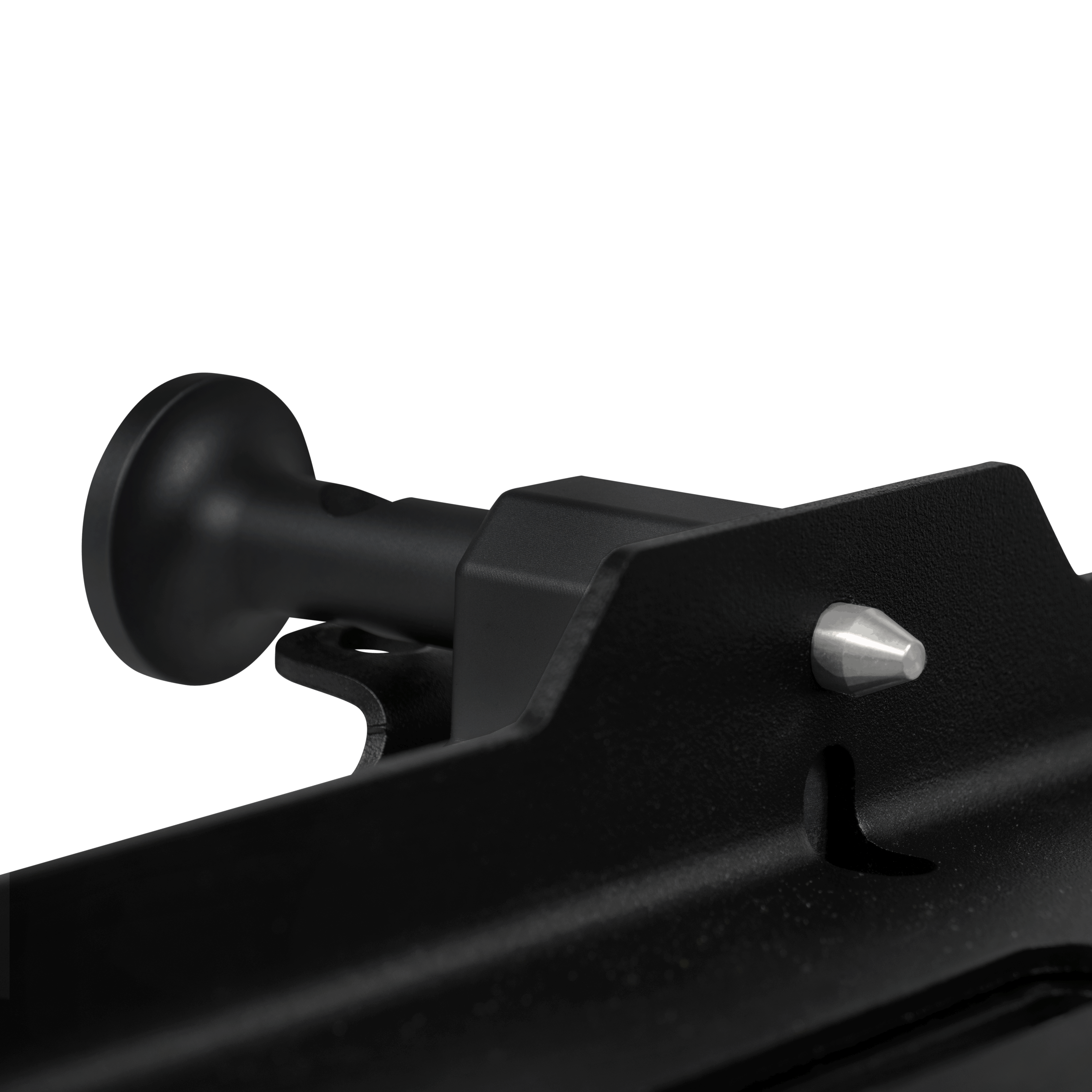 Close-up of the SPEC quick-release pin and block, rear view