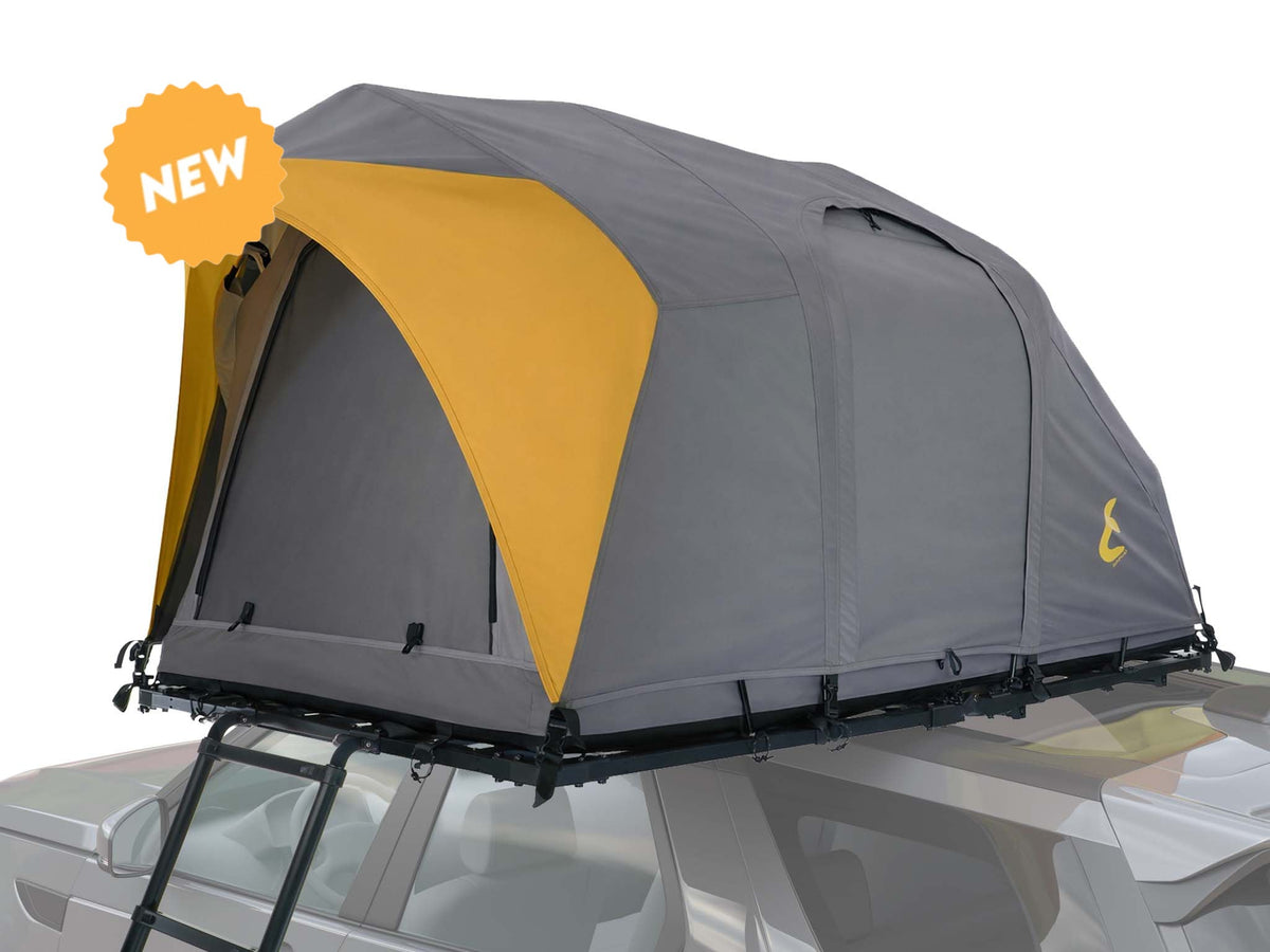 C6 Rev Rooftop Tent X (Element) – on roof platform with orange fly sheet
