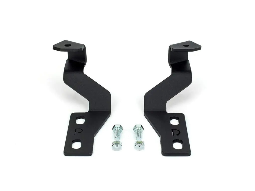 Pair of black powder-coated ditch light brackets with mounting hardware on a white background