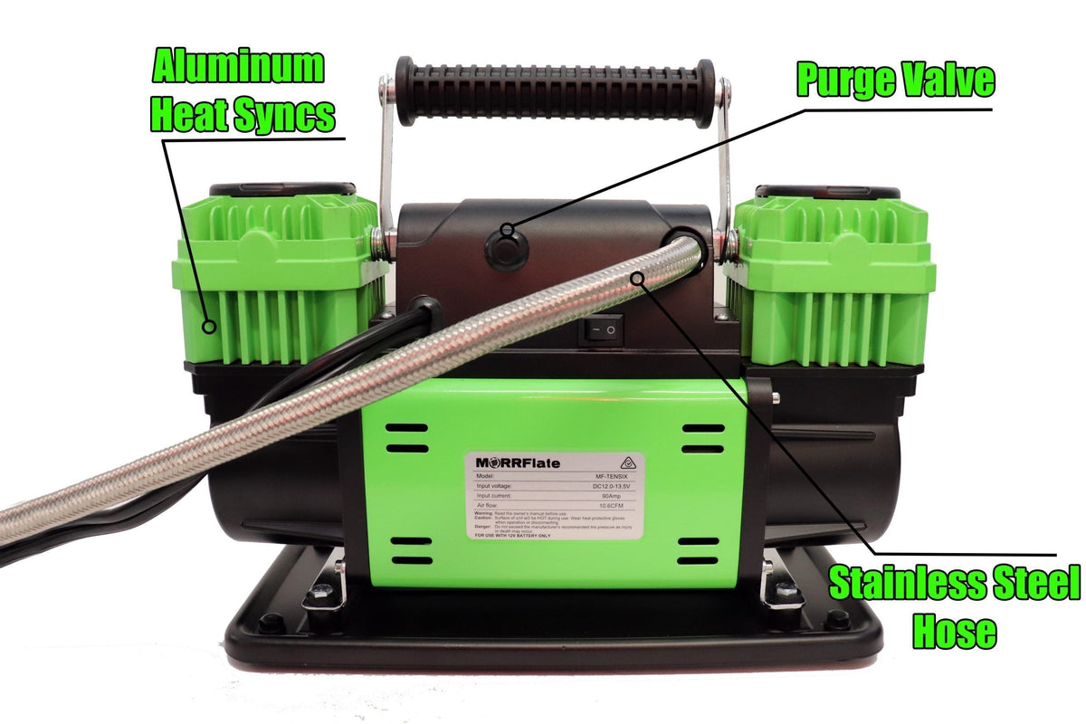 Rear view of MORRFlate TenSix compressor with callouts for aluminum heat sinks, purge valve, and stainless steel hose, and a model label on the side