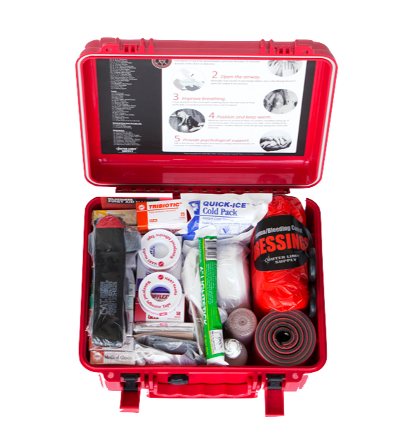 Outer Limit Supply Waterproof 6500 Series first aid kit, case open showing organized panels