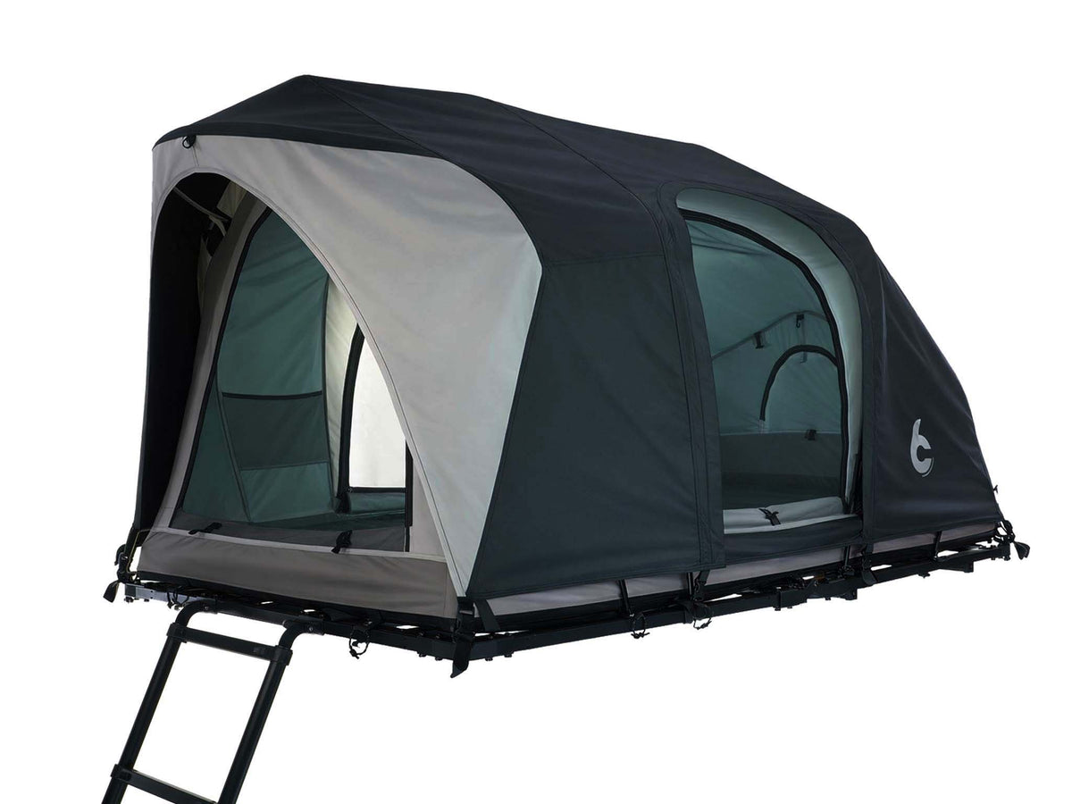 C6 Rev Rooftop Tent X (Eclipse) – with doors open and ladder, dark green fly sheet