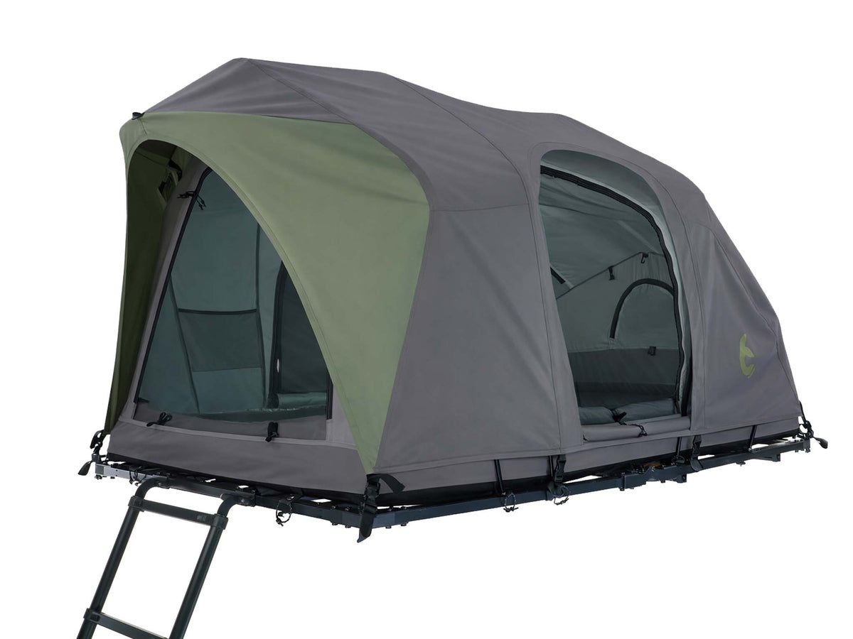 C6 Rev Rooftop Tent X (Element) – with doors open and ladder, green fly sheet