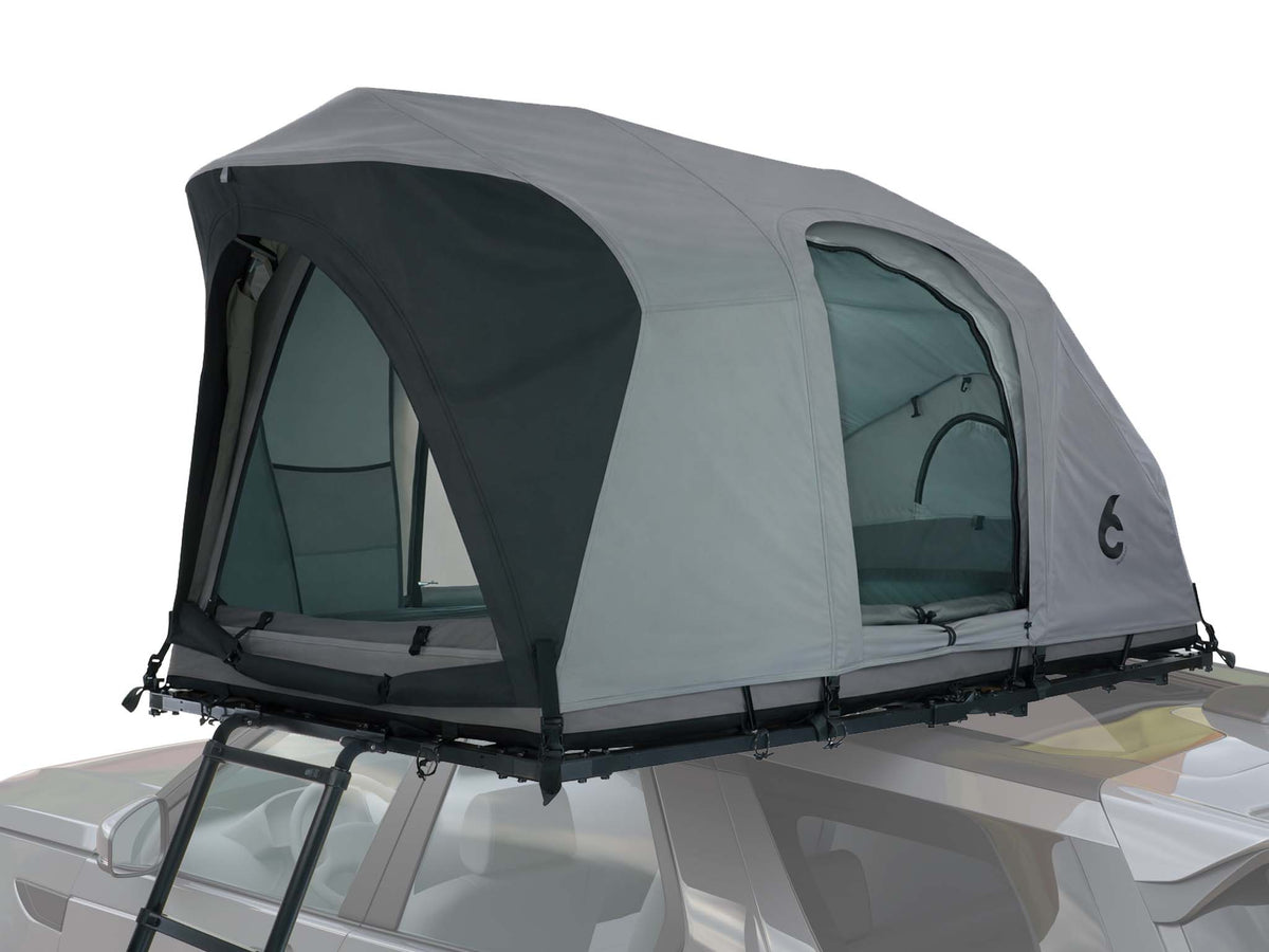 C6 Rev Rooftop Tent X (HellaStorm) – with doors open and ladder, dark fly sheet