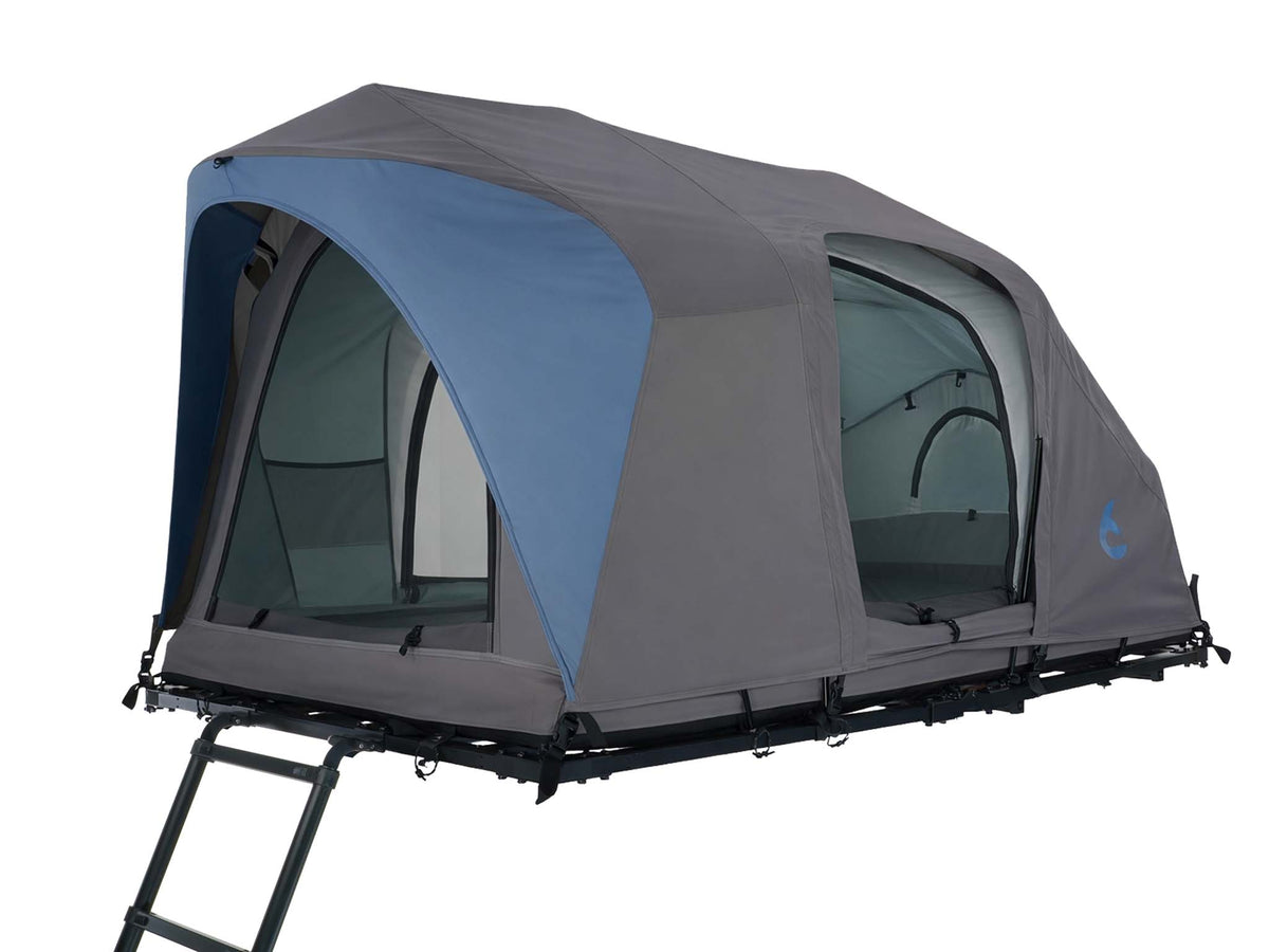 C6 Rev Rooftop Tent X (Element) – with doors open and ladder, blue fly sheet
