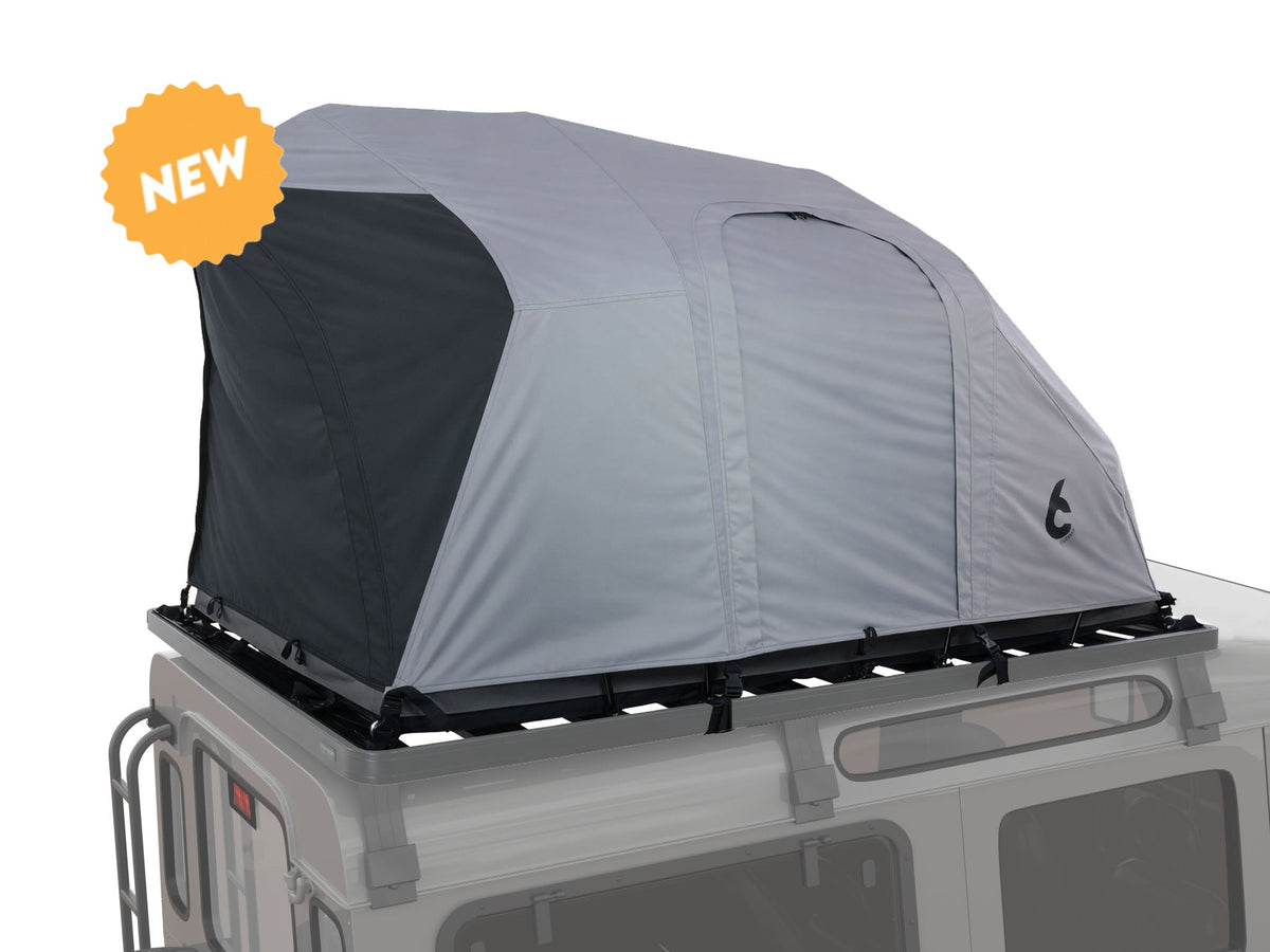 C6 Rev Rack Tent (HellaStorm) – on a vehicle roof rack with dark fly sheet