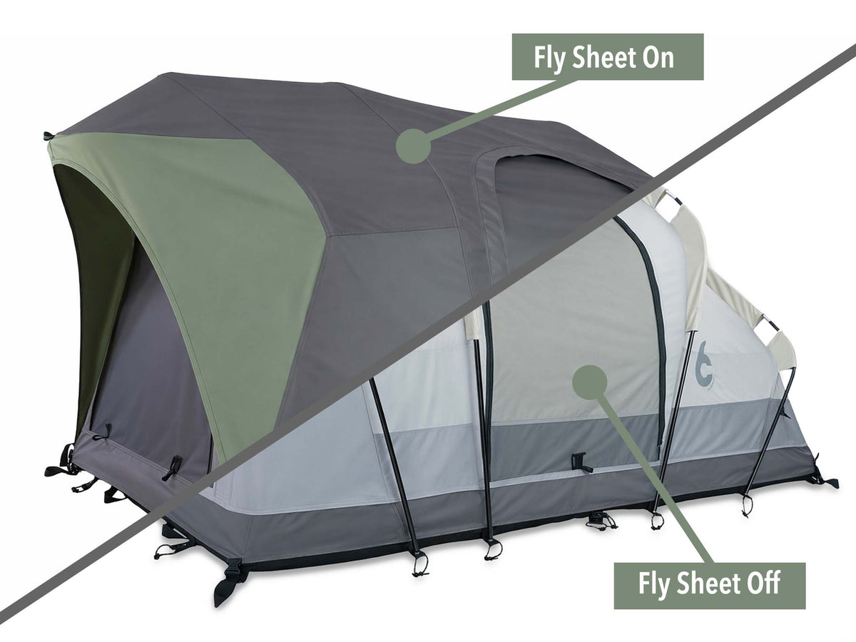 C6 Rev Tent (Element) – diagram showing green fly sheet on and off