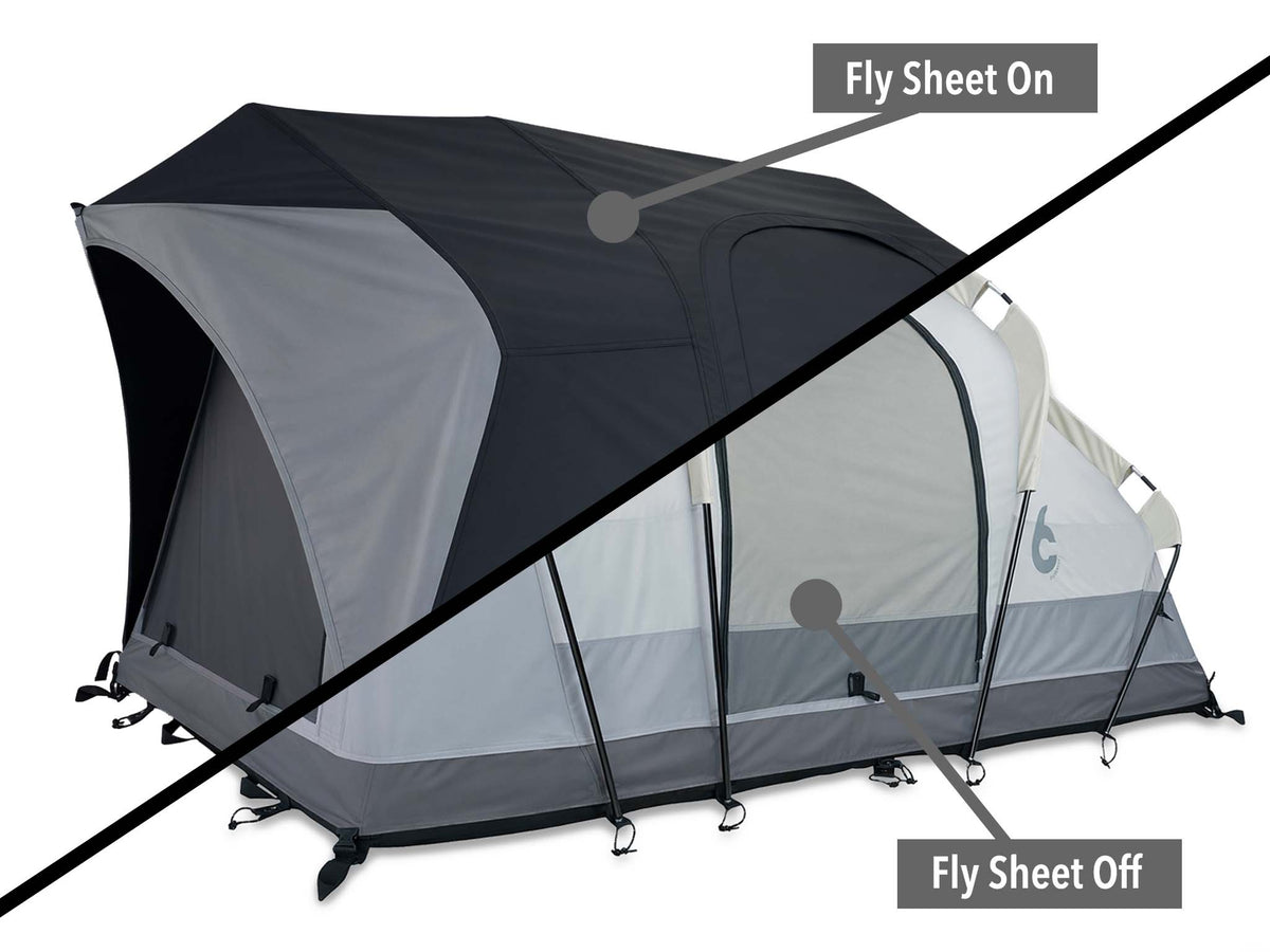 C6 Rev Rooftop Tent X (Eclipse) – diagram showing fly sheet on and off