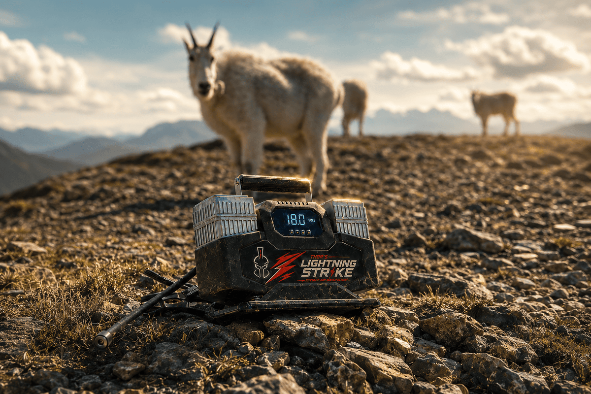 Lifestyle photo of Lightning Strike Pro compressor set on rocky mountain terrain with mountain goats in the background