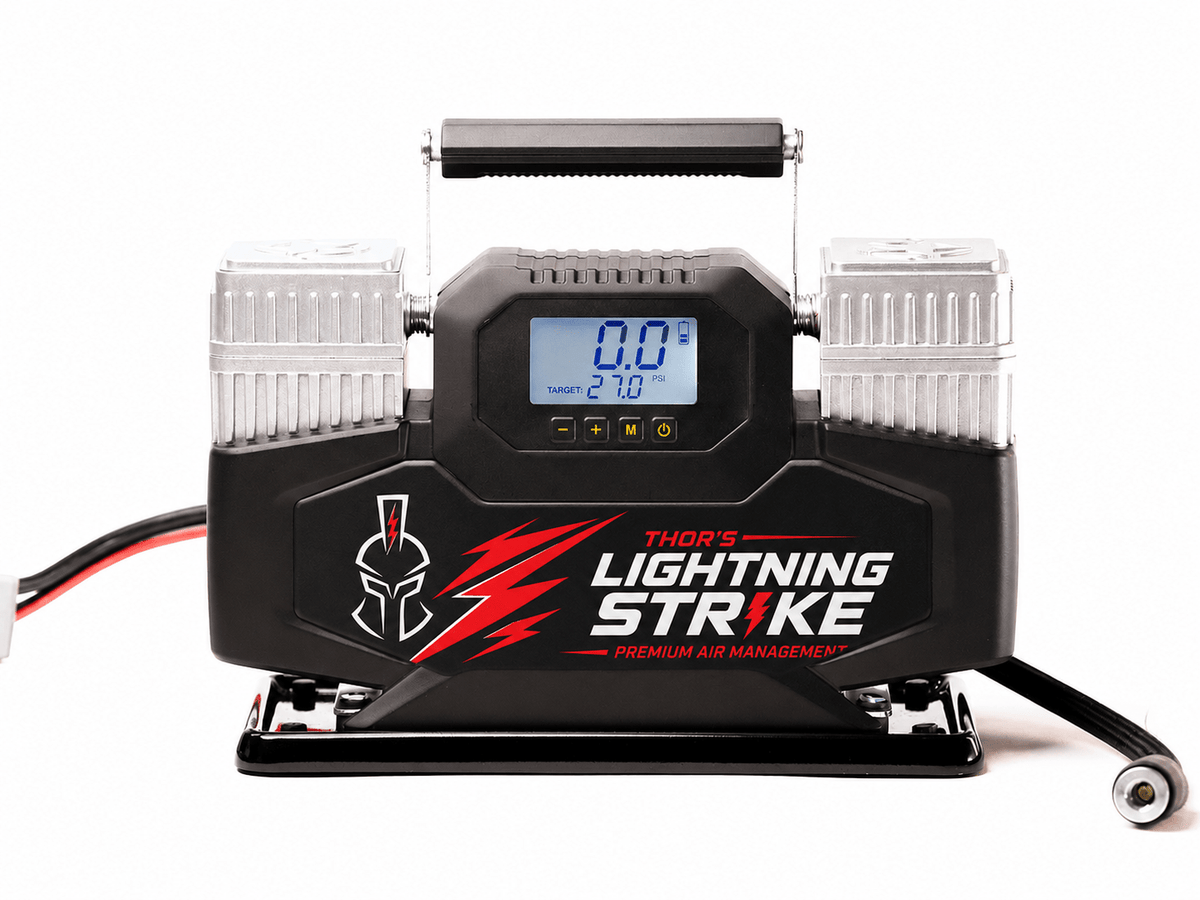 Thor's Lightning Lightning Strike Pro air compressor, Standard Edition faceplate with red lightning bolt logo, front view on white background