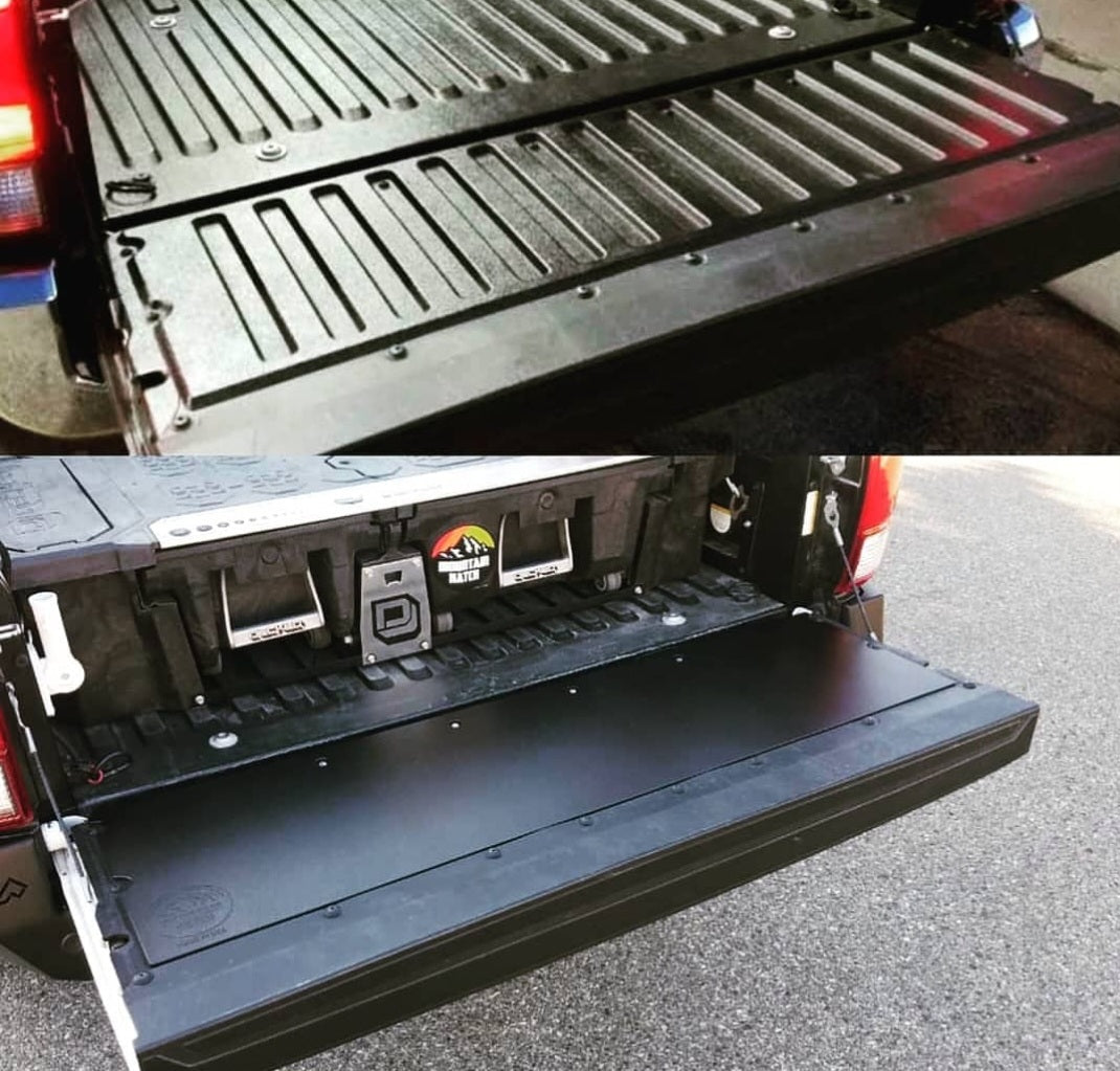 Before and after: ribbed factory Tacoma tailgate panel above, Mountain Hatch panel installed below