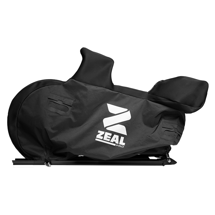 ZEAL Pro road, gravel and triathlon cover on a tray rack, side profile on a black background