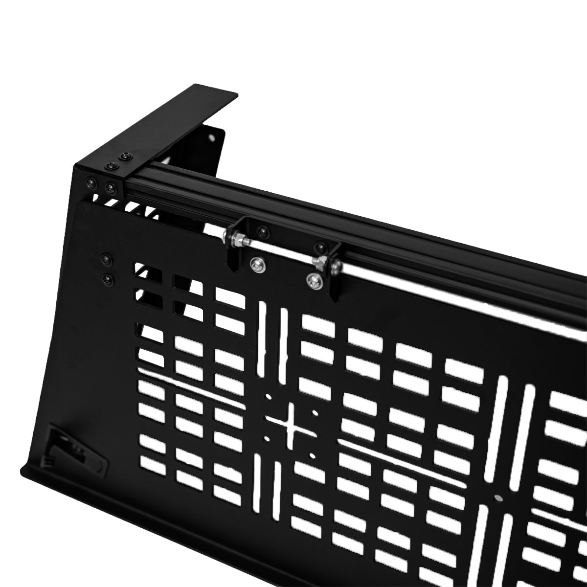 Close view of the rear hatch top rail and MOLLE-cut door on a white background