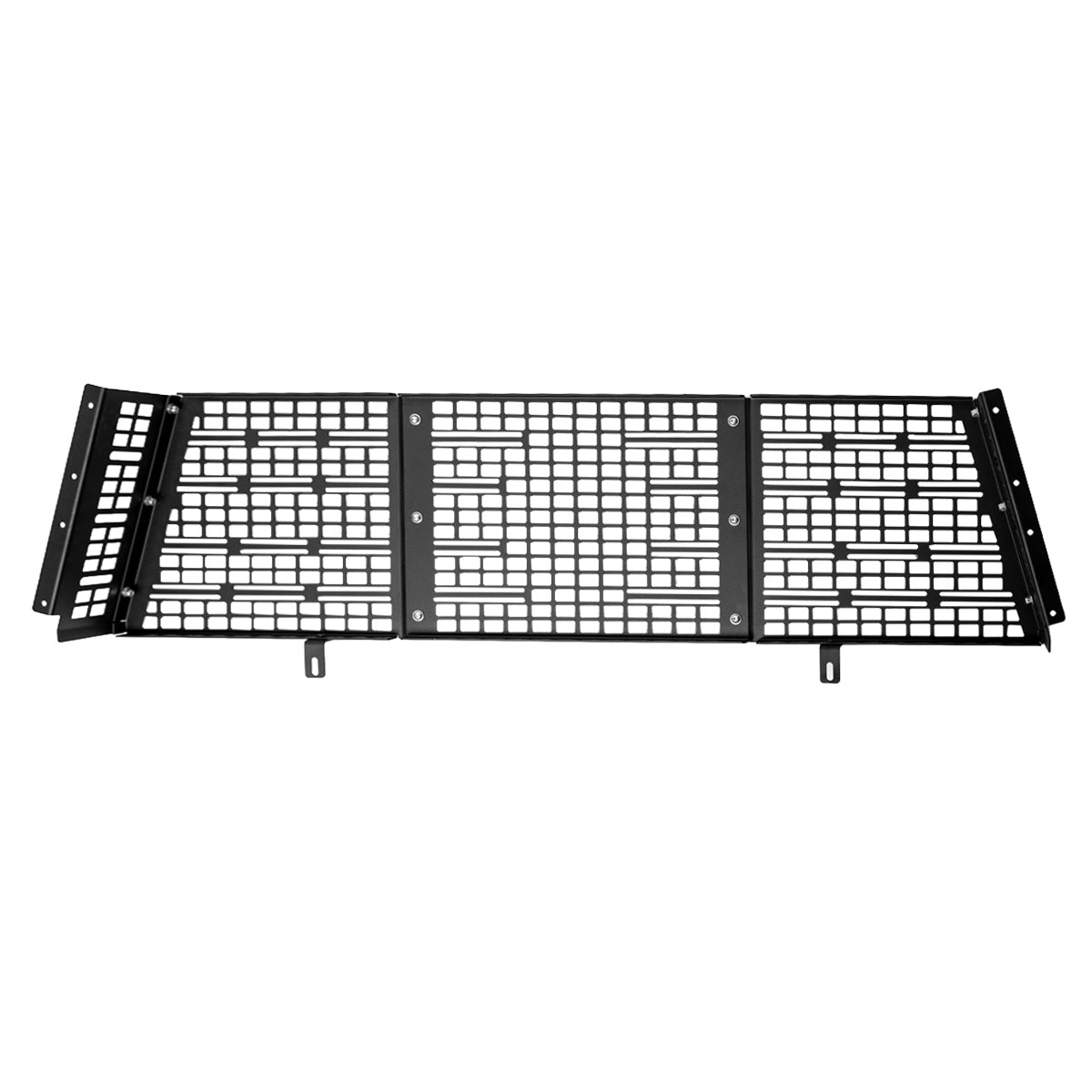 Three-panel black MOLLE headache rack on a white background