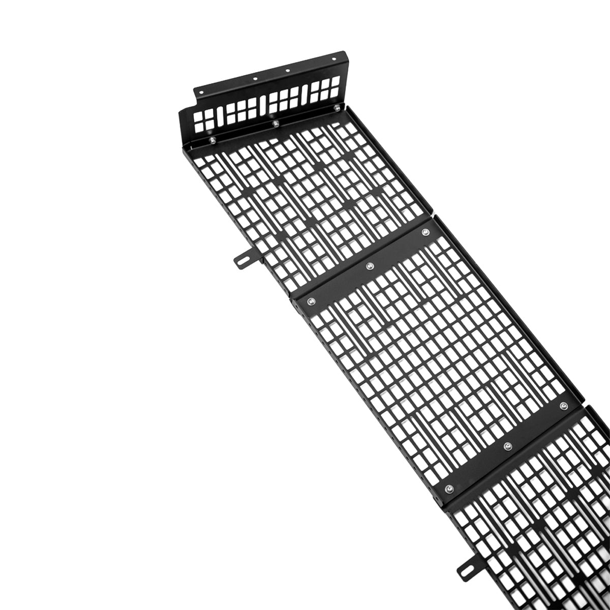 Three-panel black MOLLE headache rack angled on a white background