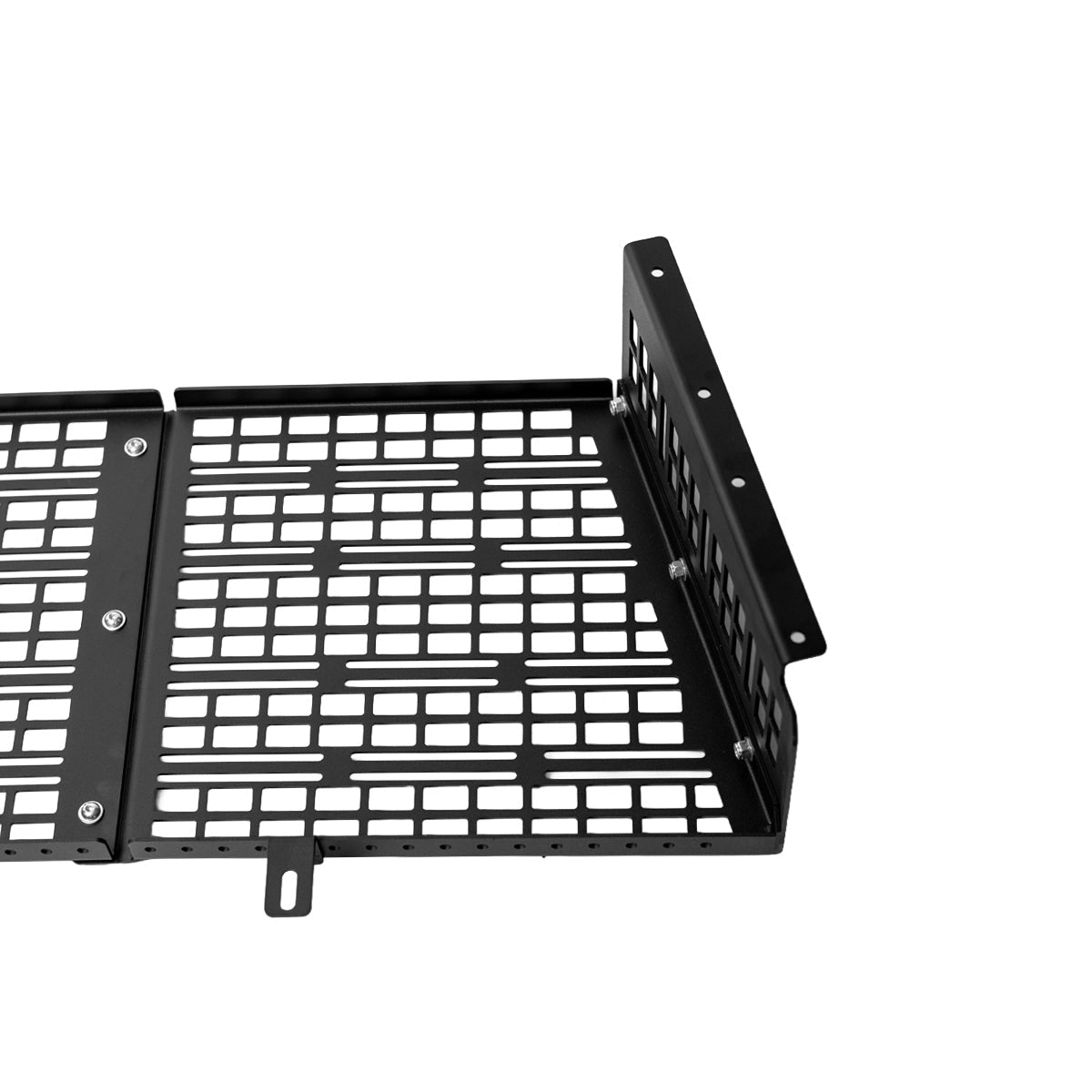 Corner of the black MOLLE headache rack panels with side wing on a white background