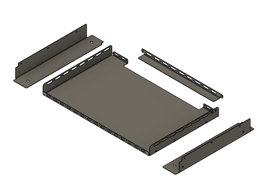 Exploded rendering of the Bronco slide floor tray and side brackets