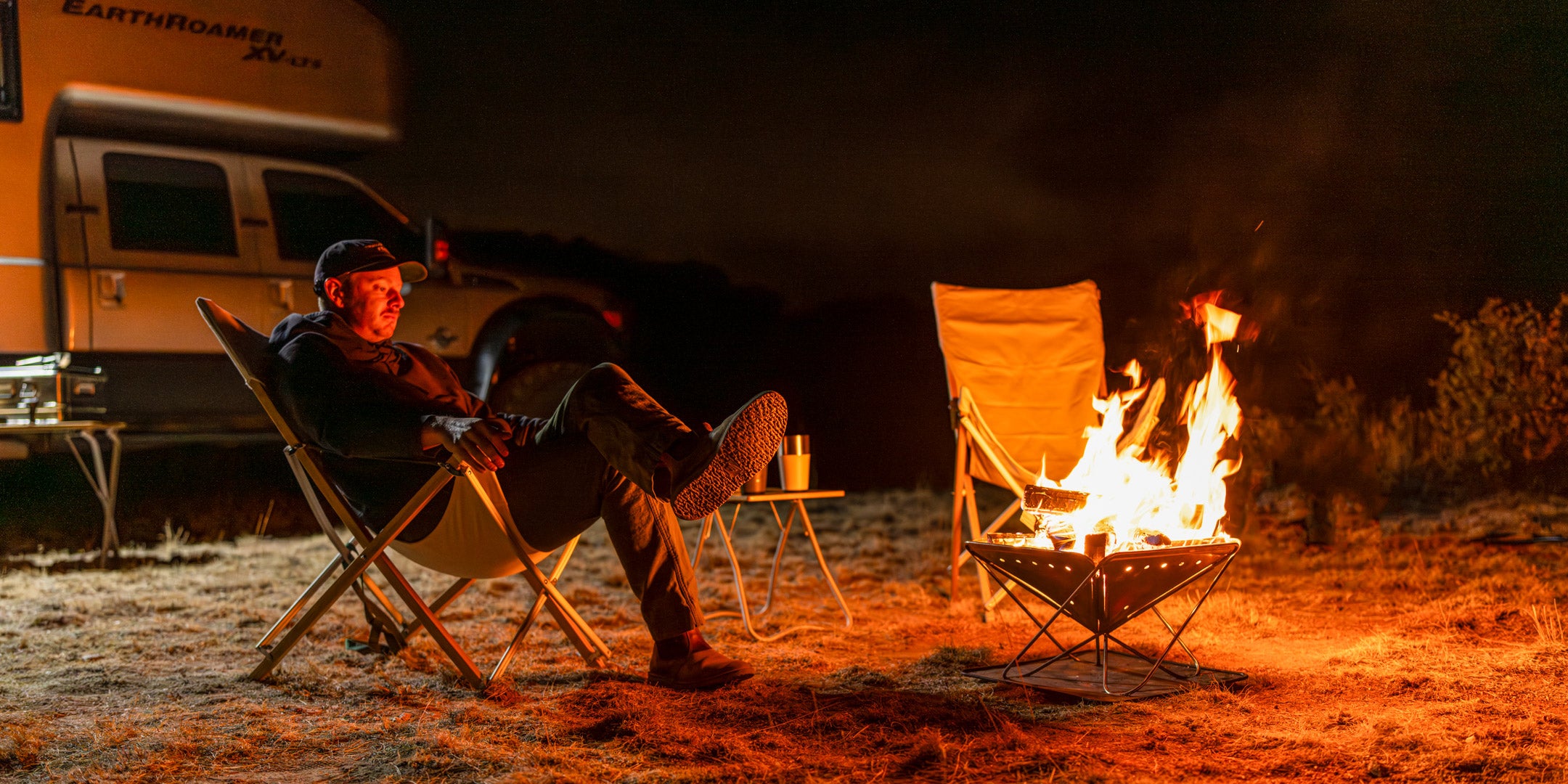 Snow Peak Take! Bamboo Campchairs with Snow Peak MyTable and Snow Peak Pack and Carry Fireplace Takibi Fire & Grill