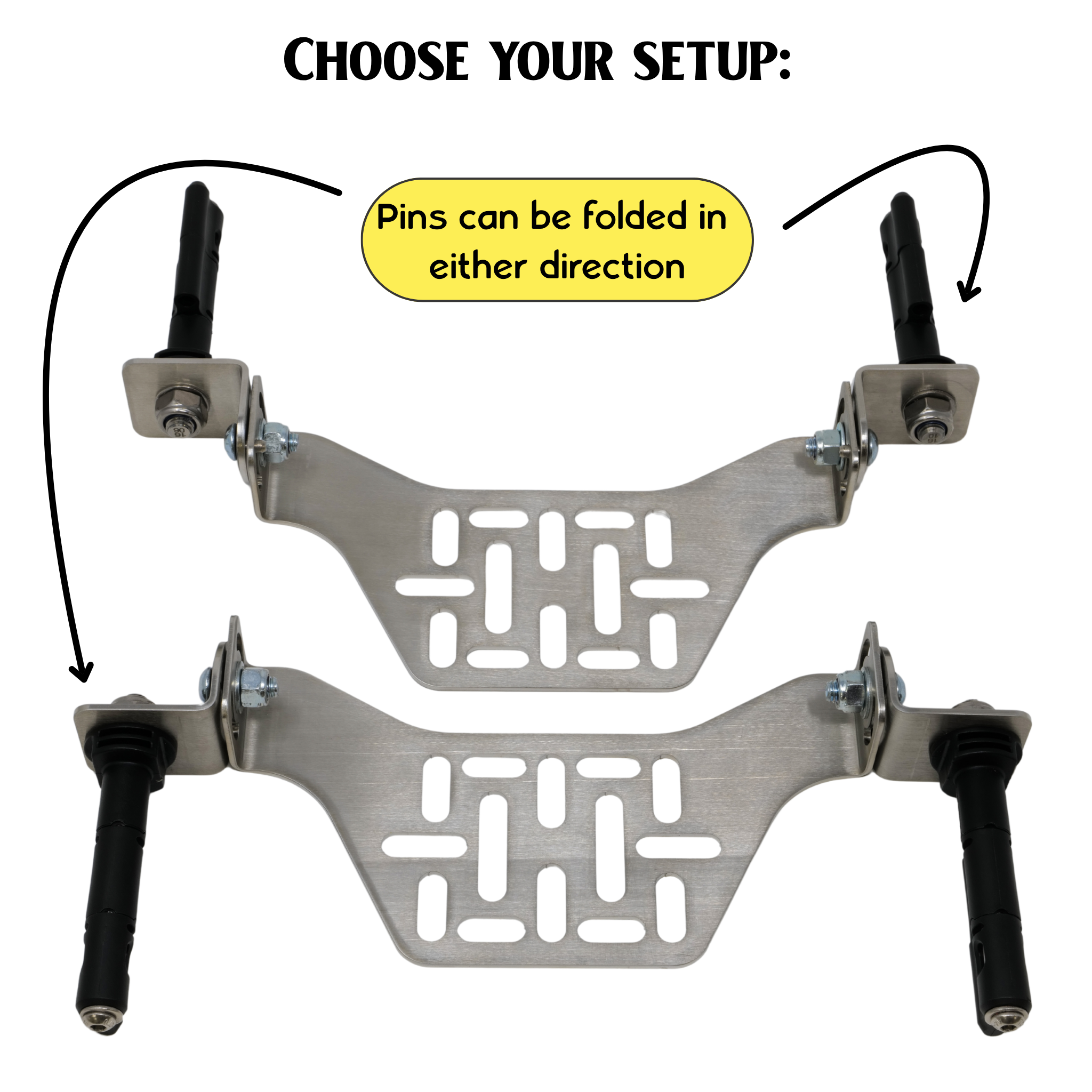 Stealth Folding Mount with Maxtrax Pins attached, Showing pins can be folded in either direction 