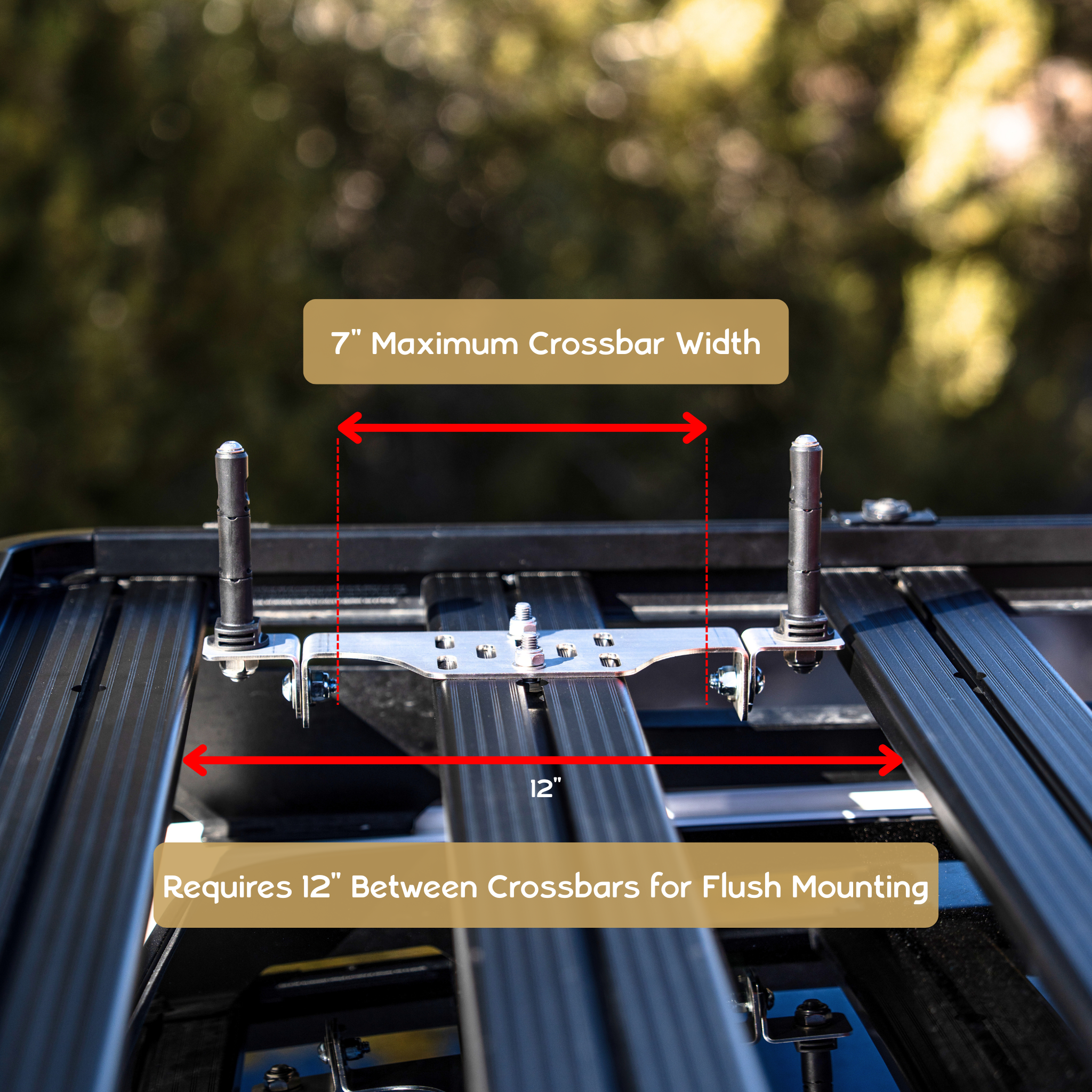 Overland Kitted Folding MAXTRAX Roof Rack Bracket Mounting Dimensions detailing the 7" Max Crossbar width and 12" Spacing requirement for flush mounting