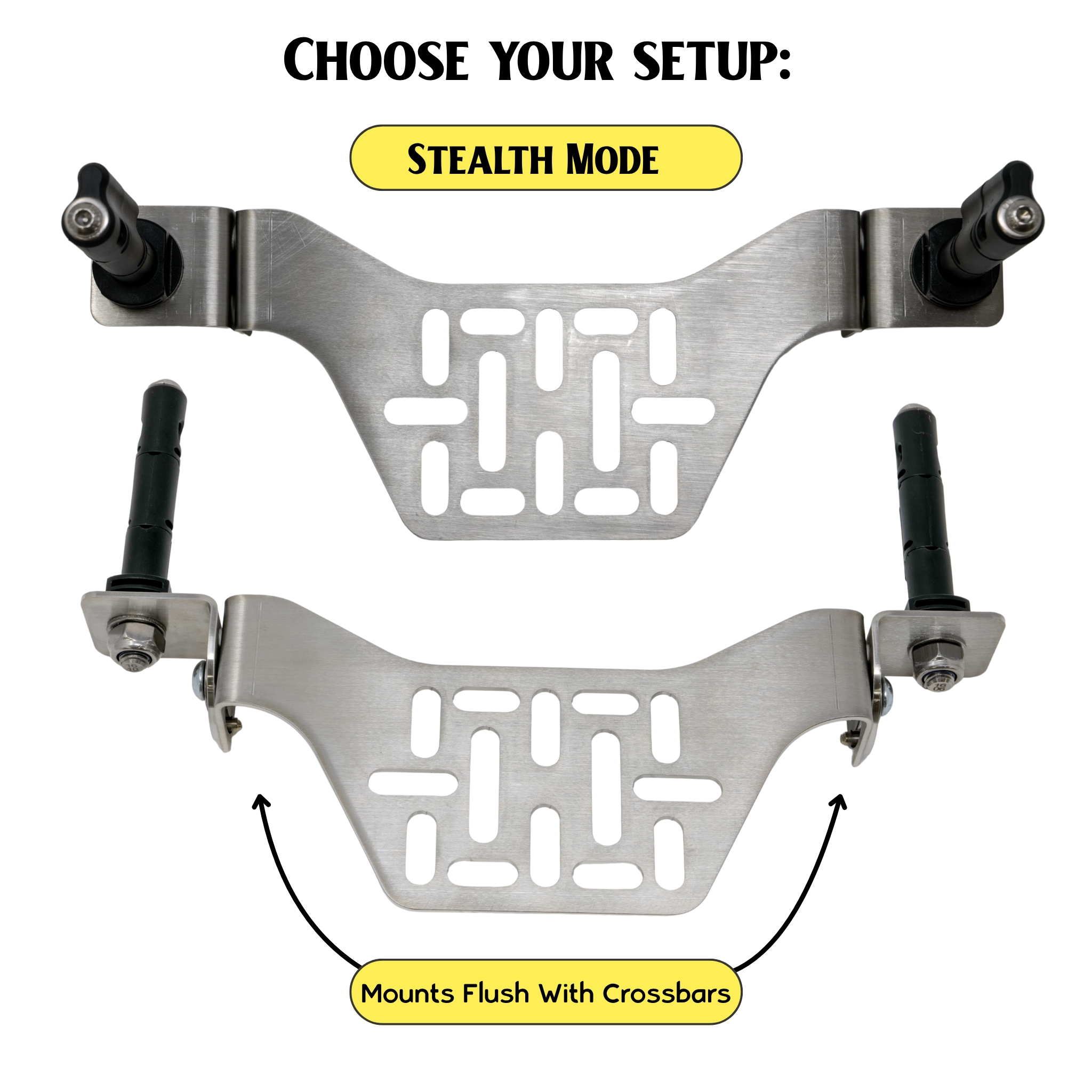 Stealth Folding Mount with Maxtrax Pins attached, Showing stealth Mode- mounts flush with crossbars