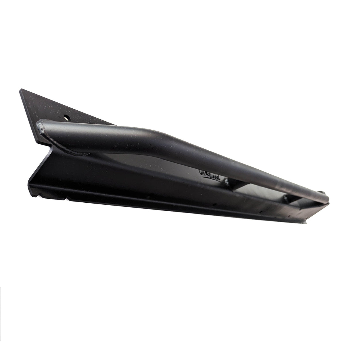 End of a black rock slider showing its angled profile and mounting flange